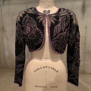 Stunning VINTAGE Carolyne Barton Night Beaded 100% Silk Bolero Jacket Size M